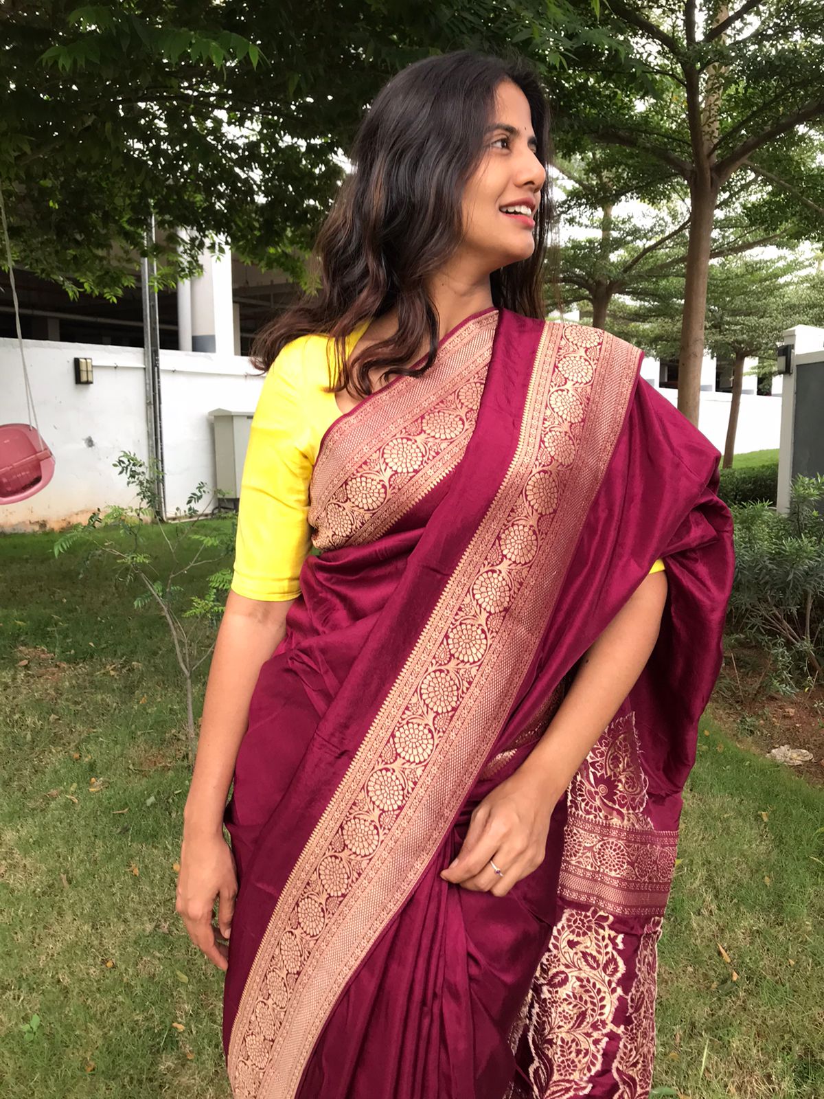 Burgundy embroidered raw silk saree with blouse - SHILPA CREATION - 3487207