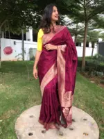 Burgundy Dola Silk Saree with Antique Zari Weaves - Image 2