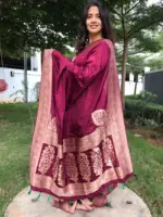 Burgundy Dola Silk Saree with Antique Zari Weaves - Image 3