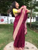 Burgundy Dola Silk Saree with Antique Zari Weaves - Image 5