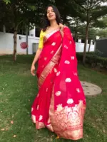 Fuschia Pink Organza Silk Saree with Antique Zari Weaves highlighted with contrast piping - Image 2