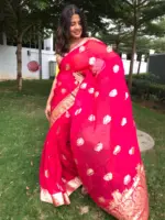 Fuschia Pink Organza Silk Saree with Antique Zari Weaves highlighted with contrast piping - Image 3