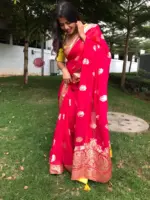 Fuschia Pink Organza Silk Saree with Antique Zari Weaves highlighted with contrast piping - Image 4