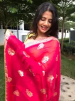 Fuschia Pink Organza Silk Saree with Antique Zari Weaves highlighted with contrast piping - Image 5