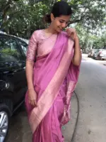Onion Pink Dola Silk Saree with Antique Zari Weaves - Image 3