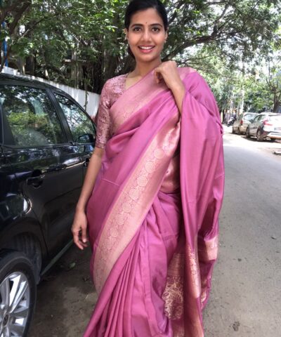 Onion Pink Dola Silk Saree with Antique Zari Weaves