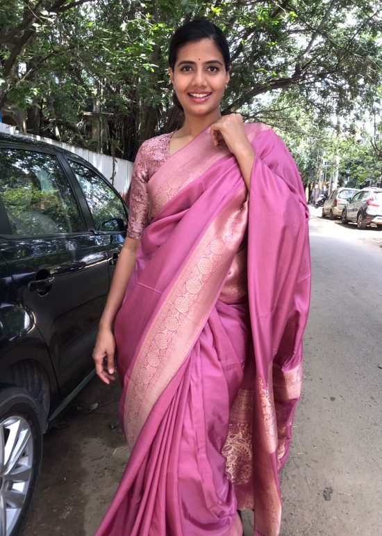 Onion Pink Dola Silk Saree with Antique Zari Weaves