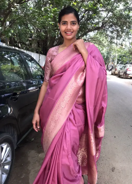 Onion Pink Dola Silk Saree with Antique Zari Weaves