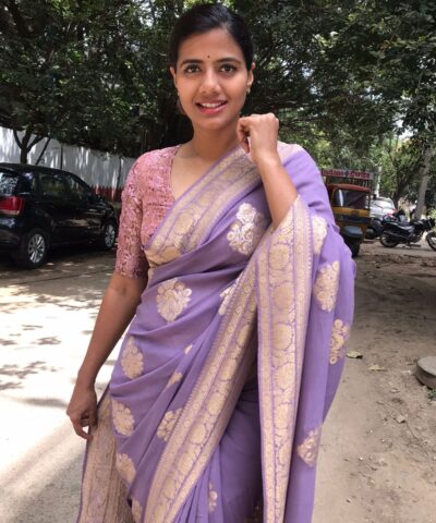 Lilac Banarasi Georgette Silk Saree highlighted with Meenakari Work