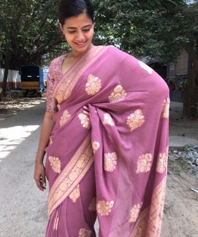 Mauve Banarasi Georgette Silk Saree highlighted with Meenakari Work