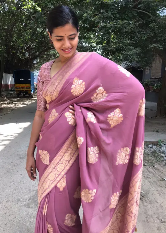 Mauve Banarasi Georgette Silk Saree highlighted with Meenakari Work