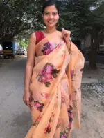 Nude Peach Printed Organza Silk Saree - Image 5