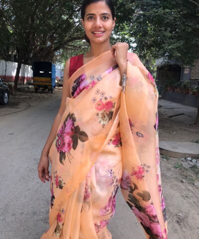 Nude Peach Printed Organza Silk Saree