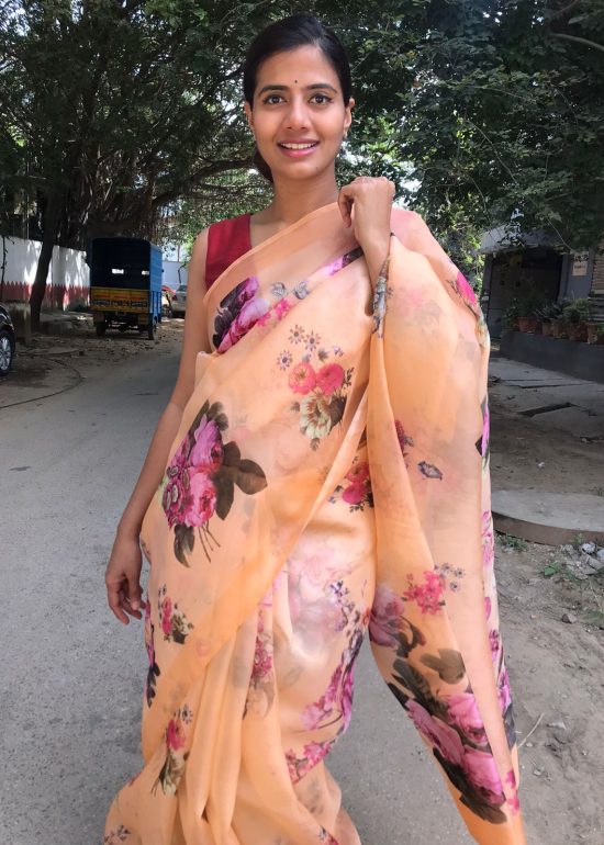 Nude Peach Printed Organza Silk Saree