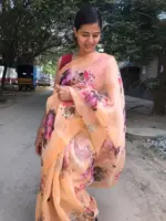 Nude Peach Printed Organza Silk Saree - Image 4