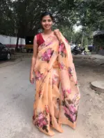 Nude Peach Printed Organza Silk Saree - Image 2