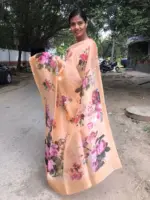 Nude Peach Printed Organza Silk Saree - Image 3