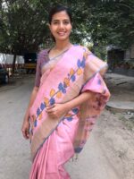Baby Pink Handwoven Block Printed Tussar Silk Saree