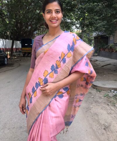 Baby Pink Handwoven Block Printed Tussar Silk Saree