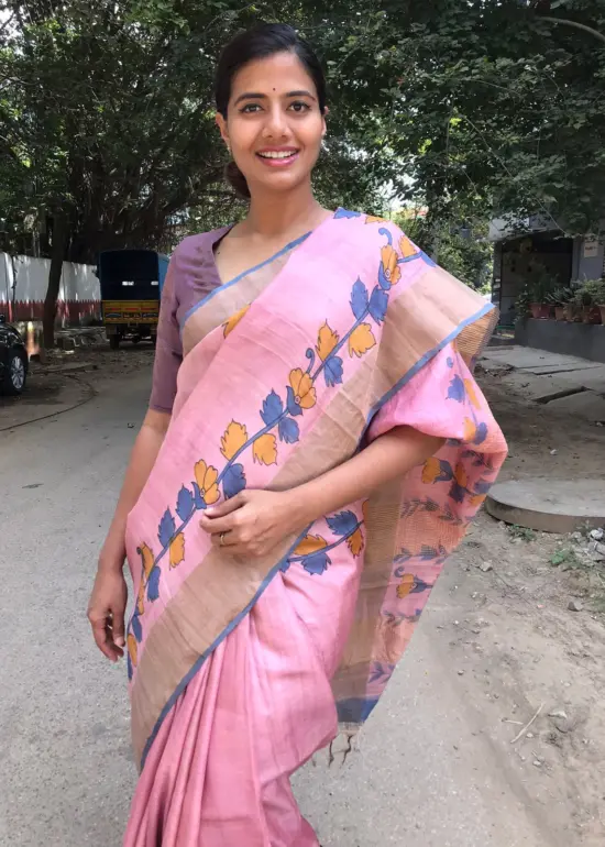 Baby Pink Handwoven Block Printed Tussar Silk Saree