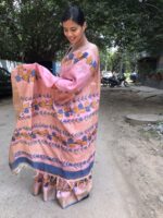 Baby Pink Handwoven Block Printed Tussar Silk Saree - Image 5