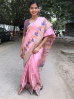 Baby Pink Handwoven Block Printed Tussar Silk Saree - Image 4