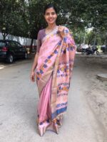 Baby Pink Handwoven Block Printed Tussar Silk Saree - Image 3