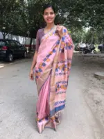 Baby Pink Handwoven Block Printed Tussar Silk Saree - Image 3