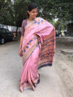Baby Pink Handwoven Block Printed Tussar Silk Saree - Image 2
