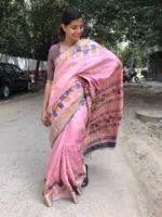 Baby Pink Handwoven Block Printed Tussar Silk Saree - Image 2
