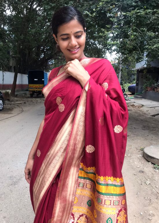 Maroon Crepe Silk Saree with Meenakari Designer Pallu