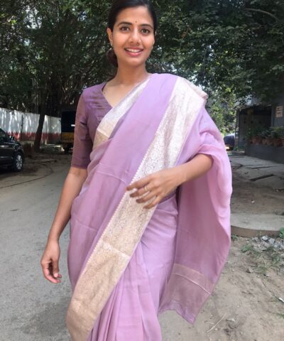 Lilac Chiffon Silk Saree adorned with Antique Zari Weaves