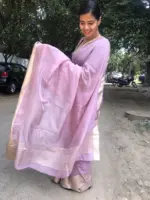 Lilac Chiffon Silk Saree adorned with Antique Zari Weaves - Image 3