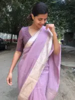 Lilac Chiffon Silk Saree adorned with Antique Zari Weaves - Image 6