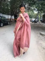 Mauve Handwoven Hand Embroidered Organza Silk Saree - Image 5