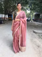 Mauve Handwoven Hand Embroidered Organza Silk Saree - Image 2