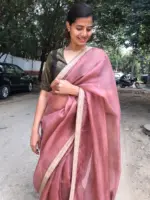Mauve Handwoven Hand Embroidered Organza Silk Saree - Image 4