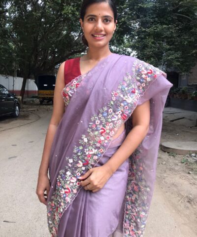 Lavender Pure Handwoven Organza Silk Saree Beautifully hand embroidered with Florals, pearls and beads