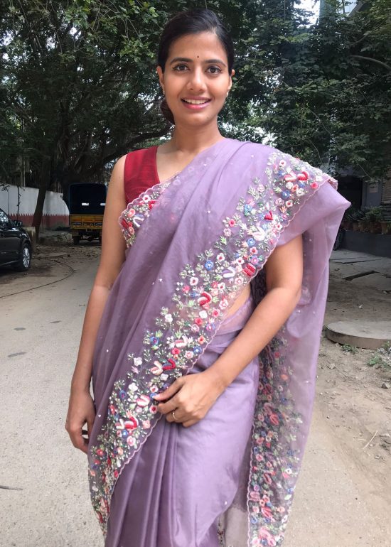 Lavender Pure Handwoven Organza Silk Saree Beautifully hand embroidered with Florals, pearls and beads