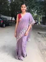 Lavender Pure Handwoven Organza Silk Saree Beautifully hand embroidered with Florals, pearls and beads - Image 5
