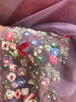 Lavender Pure Handwoven Organza Silk Saree Beautifully hand embroidered with Florals, pearls and beads - Image 7