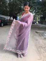 Lavender Pure Handwoven Organza Silk Saree Beautifully hand embroidered with Florals, pearls and beads - Image 4