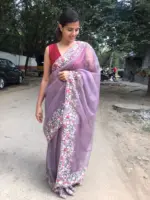 Lavender Pure Handwoven Organza Silk Saree Beautifully hand embroidered with Florals, pearls and beads - Image 3