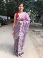 Lavender Pure Handwoven Organza Silk Saree Beautifully hand embroidered with Florals, pearls and beads - Image 2