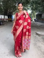 Deep Red Dola Silk Saree with Gota Patti Work - Image 3