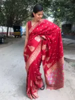 Deep Red Dola Silk Saree with Gota Patti Work - Image 2