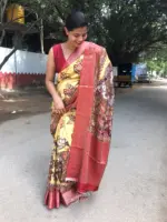 Yellow Printed Crepe Silk Saree - Image 4