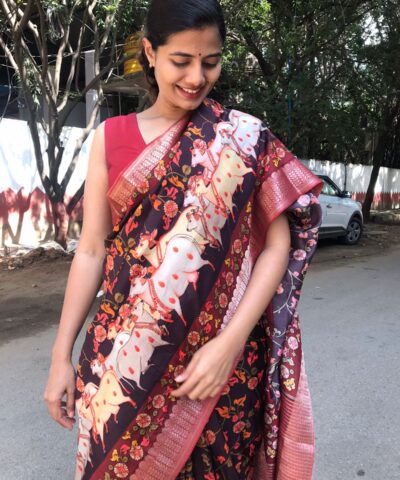 Brown Printed Crepe Silk Saree