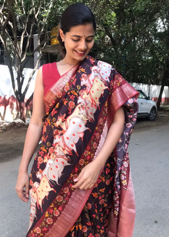 Brown Printed Crepe Silk Saree