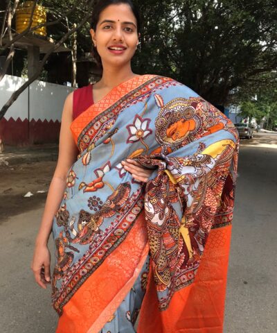 Blue Printed Crepe Silk Saree